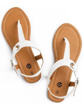 Women's White Leather Adjustable Ankle Buckle with T-Strap Flats Thong Sandals